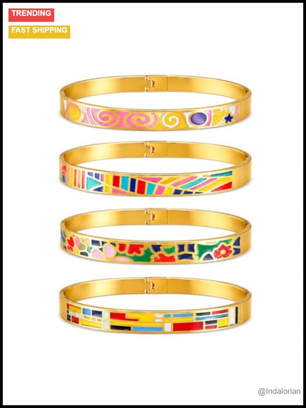 18K Gold Plated Stainless Steel Enamel Bangle Bracelet Set 4Pcs Stackable Floral